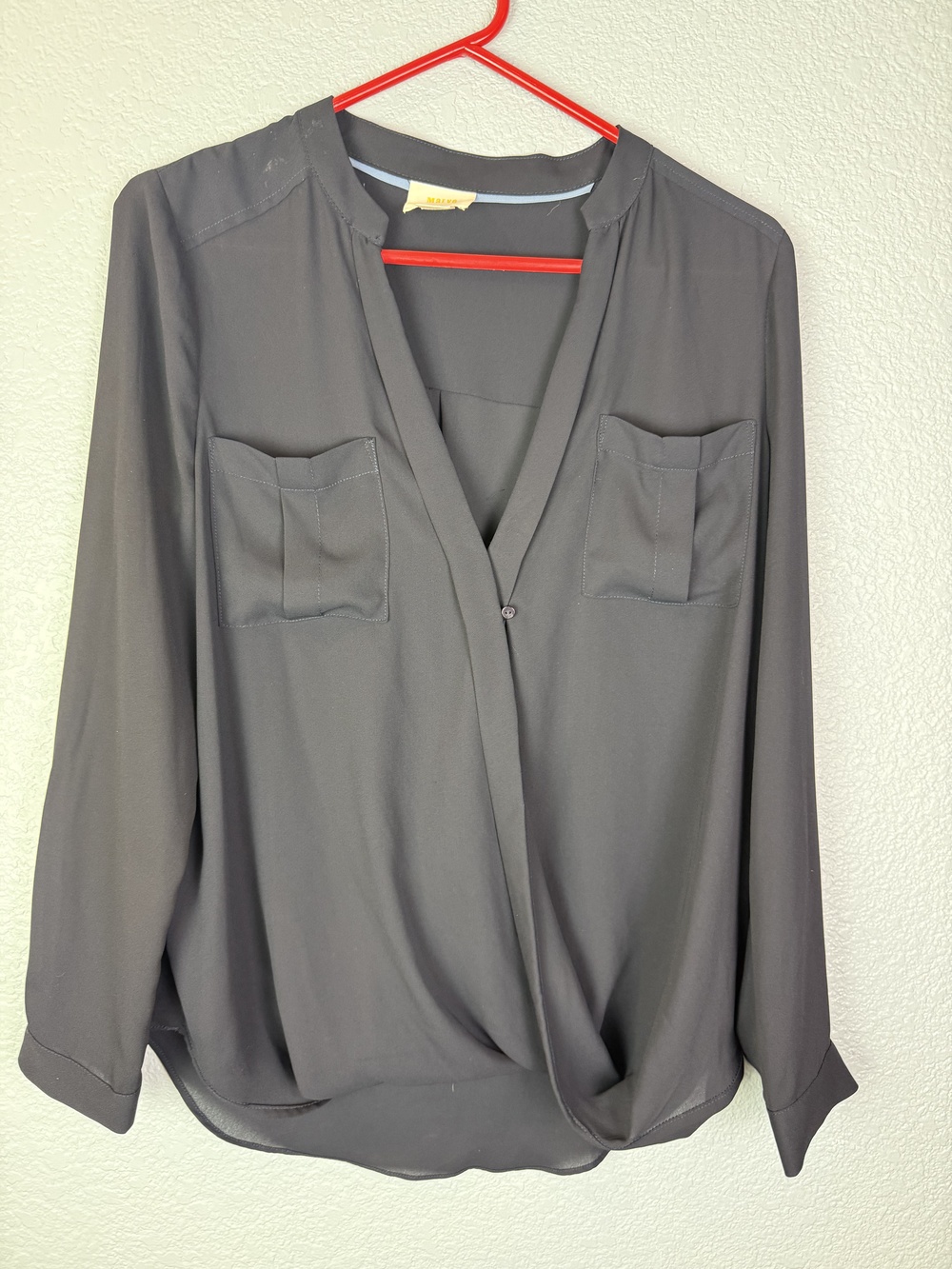 Maeve Blouse Womens 6 Gray Long Sleeve Surplice Wrap Front Pockets Polyester Top